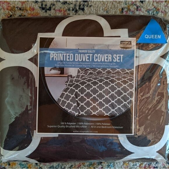 New! Farmhouse Grey Moroccan Pattern Printed Duvet Set Queen Size - Picture 1 of 3